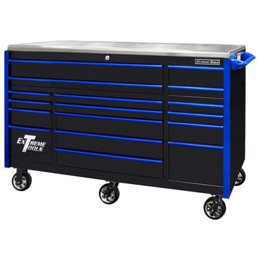 Extreme Tools 72in Black Roller Cabinet with Blue Drawer Pulls