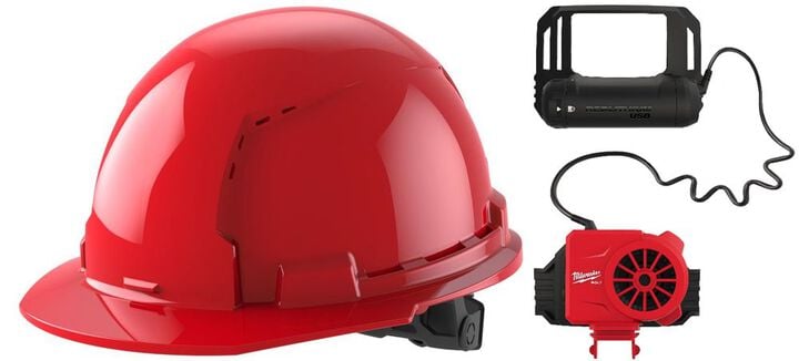Milwaukee Front Brim Vented Hard Hat with 6pt Ratcheting Suspension Type 1 Class C & BOLT USB Cooling Fan Red