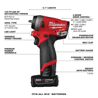 Milwaukee M12 FUEL Stubby 1/4 in. Impact Wrench Kit, large image number 7