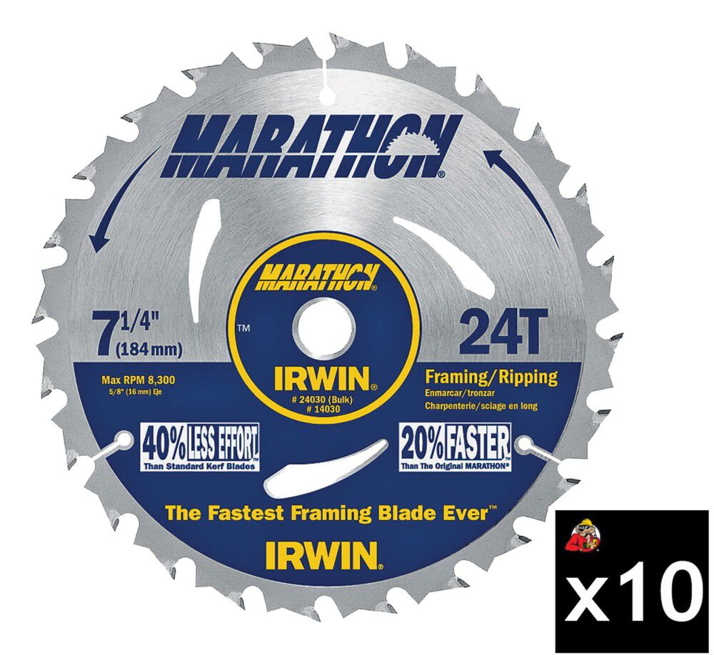 Irwin Marathon 7 1/4-Inch 24T Pack of 10 Circular Saw Blades, large image number 1