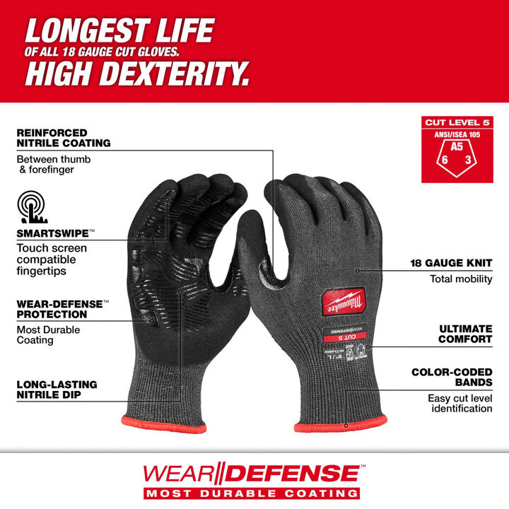 Milwaukee Cut Level 5 High Dexterity Nitrile Dipped Gloves with WEAR-DEFENSE Protection, large image number 1