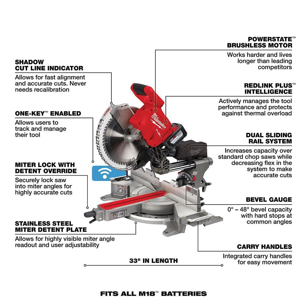 Milwaukee M18 FUEL 12 Inch Dual Bevel Sliding Compound Miter Saw Kit & Folding Miter Saw Stand Bundle, large image number 7