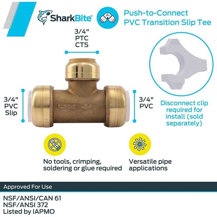 Sharkbite 3/4 x 3/4 x 3/4in Push to Connect Transition Slip Tee, large image number 2