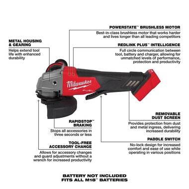 Milwaukee M18 FUEL 4-1/2inch / 5inch Grinder Paddle Switch No-Lock (Bare Tool), large image number 6