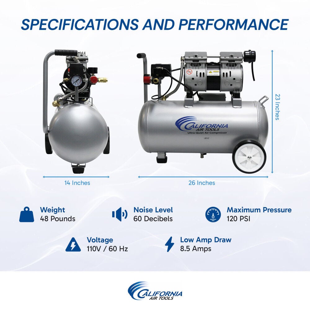 California Air Tools Ultra Quiet Oil-Free Corded 1HP 8 Gallon Steel Tank Air Compressor, large image number 4