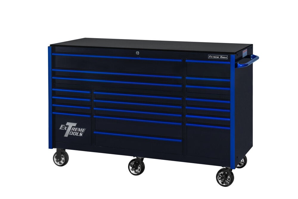 Extreme Tools RX Series 72 Inch W x 25 Inch D 19 Drawer Triple Bank Roller Cabinet 150 lbs Slides Black with Drawer Pulls – RX722519RCBKBU-X