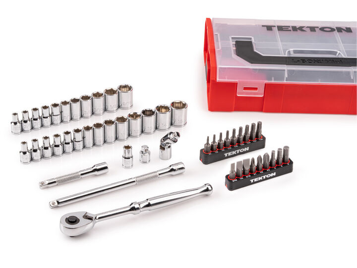 Tekton 1/4 Inch 6 Point Socket, Bit, and Ratchet Set with Stacking Organizer, 49 Pieces, large image number 2