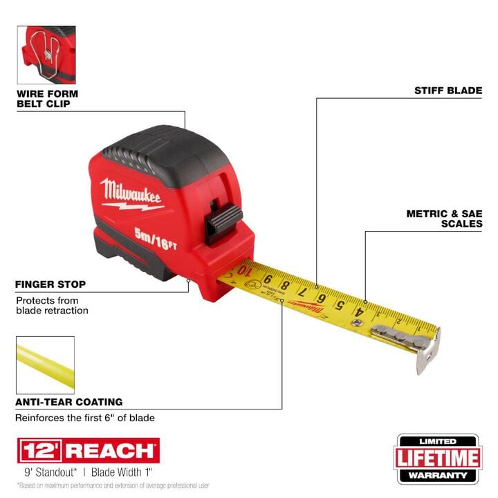 Milwaukee 5m/16 Ft. Compact Tape Measure, large image number 1