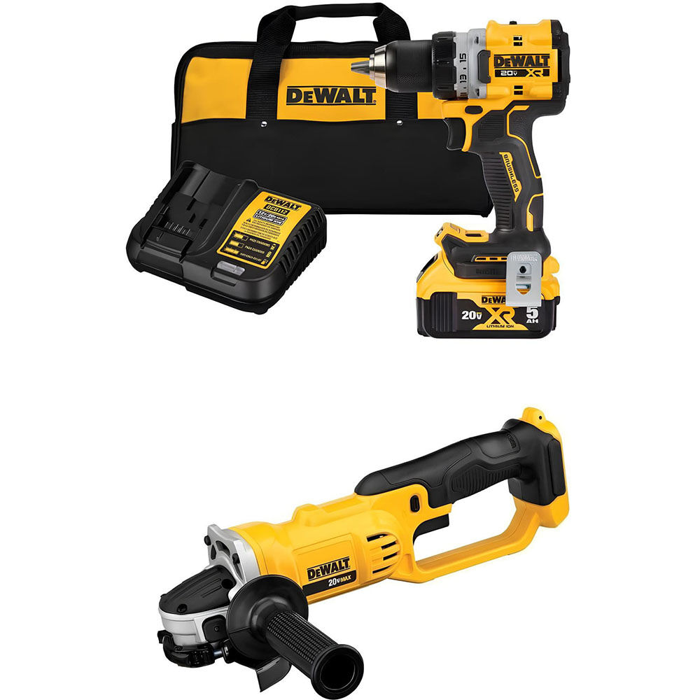 DEWALT 20V MAX Cordless Drill/Driver Kit and 4.5 Inch/5 Inch Grinder Bundle – DCD800P1-DCG412B
