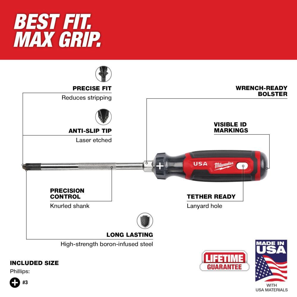 Milwaukee #3 Phillips 6inch Cushion Grip Screwdriver (USA), large image number 3