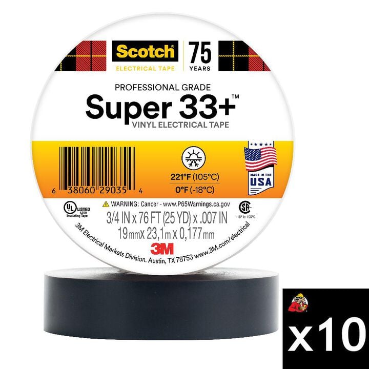 3M Super 33+ 3/4 Inch x 76 Ft Scotch Black Vinyl Electrical Tape - 10 Rolls