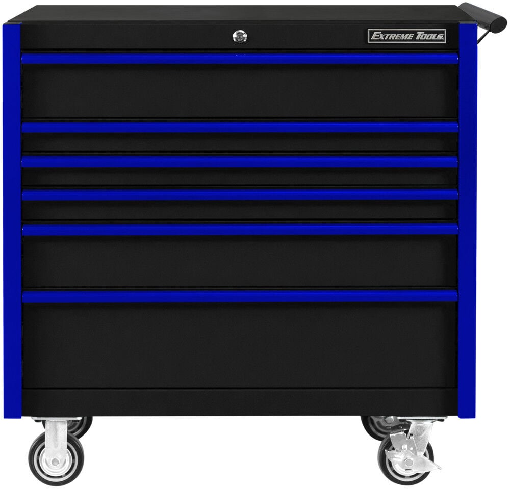 Extreme Tools DX Series 41 Inch W X 25 Inch D 6 Drawer Roller Cabinet 100 lbs Slides Black with Blue Drawer Pulls – DX412506RCBKBL