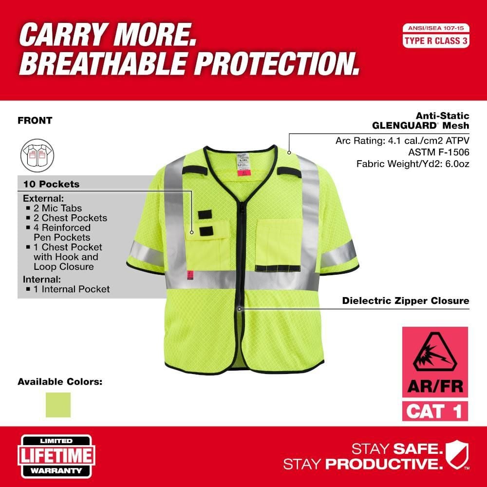 Milwaukee High Vis Safety Vest Yellow Class 3 Mesh AR/FR Cat 1 S/M, large image number 3