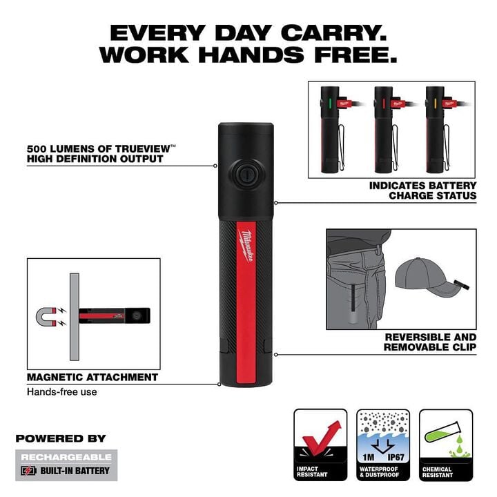 Milwaukee Everyday Carry Flashlight with Magnet Rechargeable 500L, large image number 2