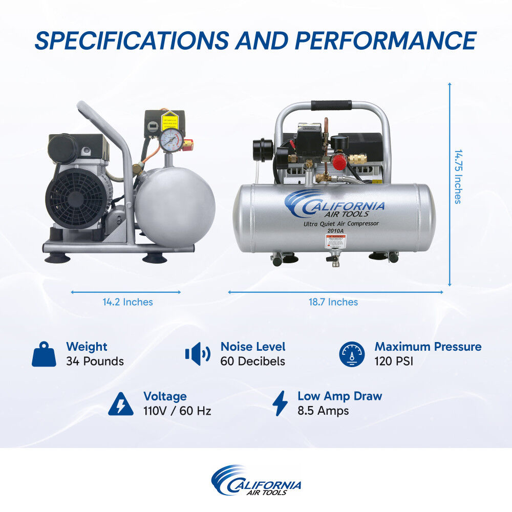 California Air Tools Ultra Quiet Oil-Free Corded 1HP 2 Gallon Aluminum Tank Air Compressor, large image number 4