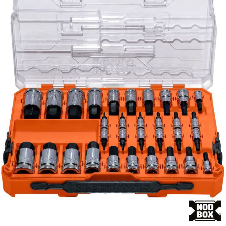 Klein Tools MODbox Knurled Hex Bit Socket Set, SAE and Metric, 32 Pieces