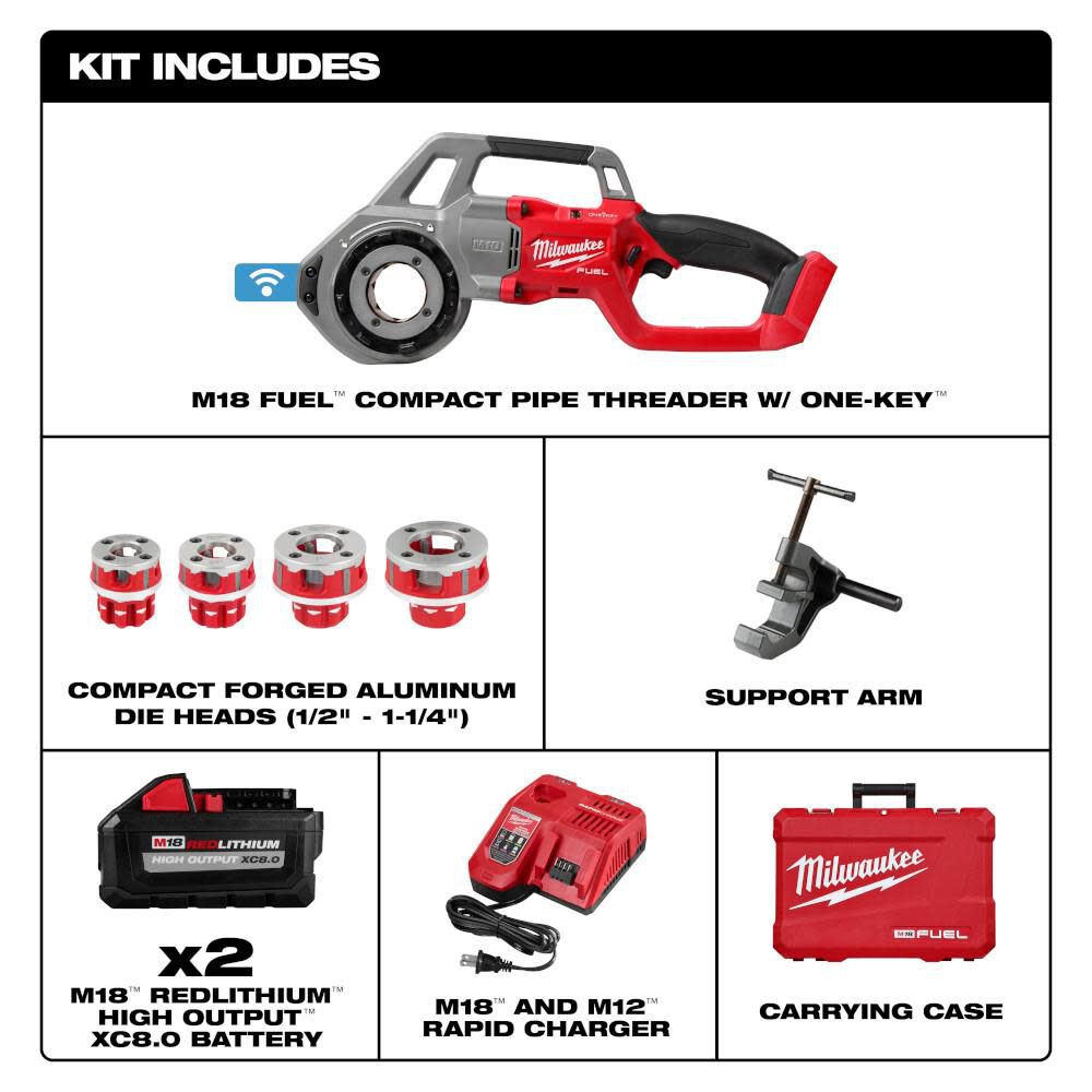 Milwaukee M18 FUEL Compact Pipe Threader ONE KEY with 1/2inch - 1 1/4inch  Die Heads