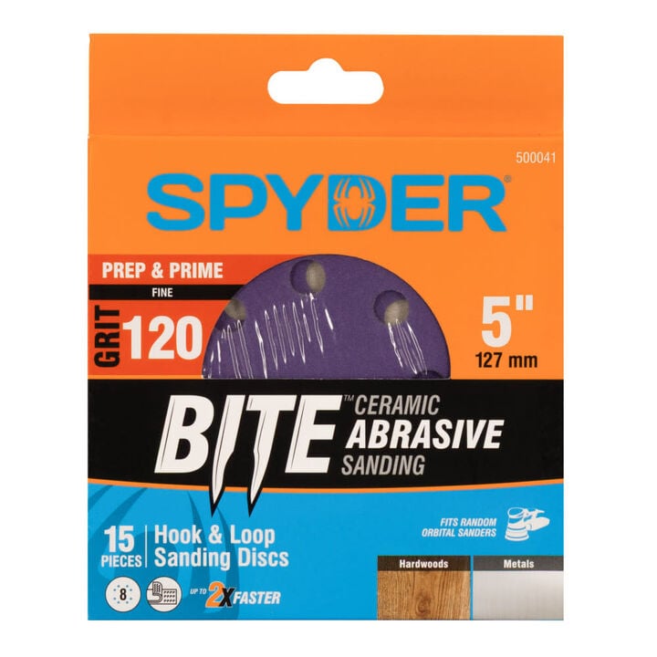 Spyder 120 Grit Ceramic Sanding Discs, 5 Inch 8-Hole Hook & Loop 15 Pieces