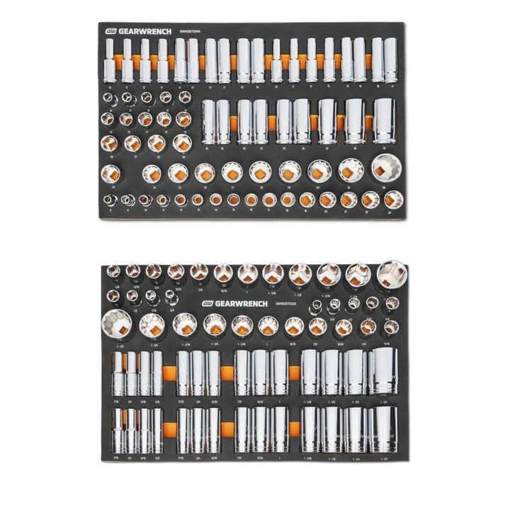 GEARWRENCH 67 Piece 1/2 Inch Metric and 60 Piece 1/2 Inch SAE Socket Set Bundle with Tray