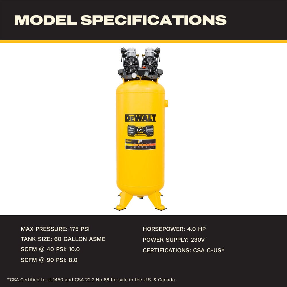 DEWALT 60-Gallon Quiet 4 HP 175 PSI Oil-Free Direct Drive Stationary Air Compressor, large image number 6