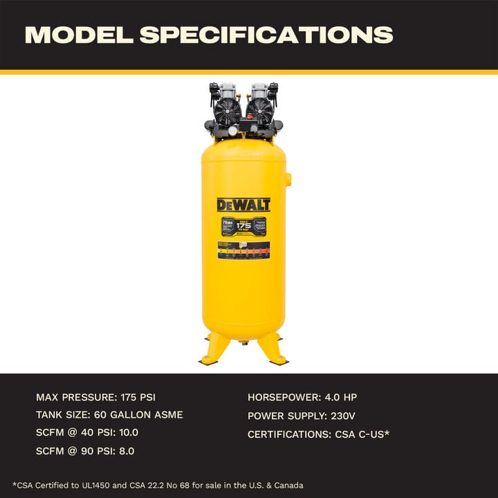 DEWALT 60-Gallon Quiet 4 HP 175 PSI Oil-Free Direct Drive Stationary Air Compressor, large image number 5