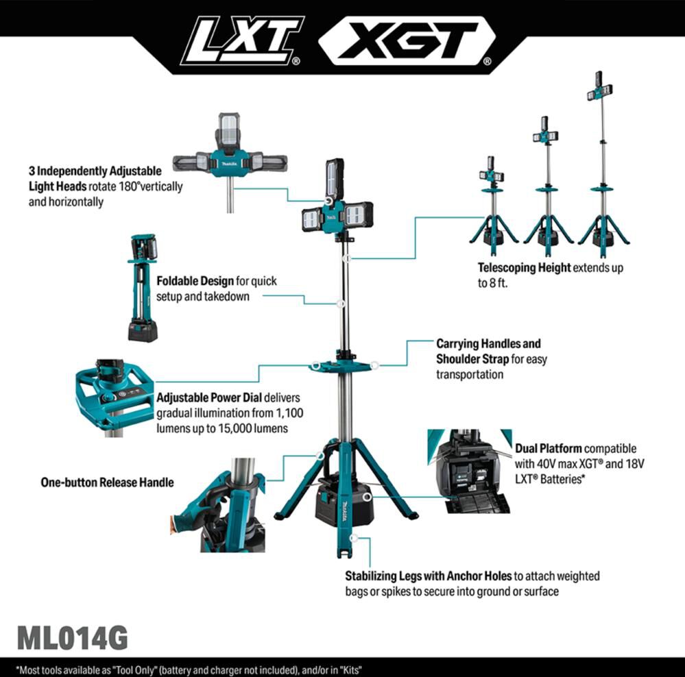 Makita 40V max XGT & 18V LXT LithiumIon Cordless Tower Work MultiDirectional Light (Bare Tool), large image number 2