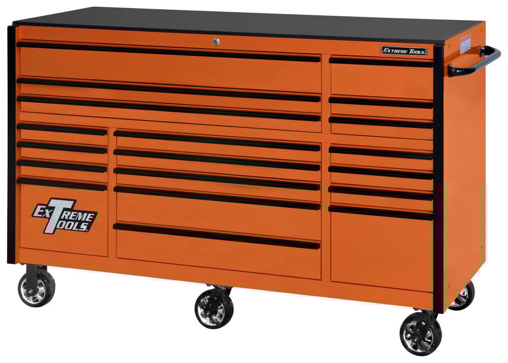 Extreme Tools RX Series 72 Inch W x 25 Inch D 19 Drawer Triple Bank Roller Cabinet 150 lbs Slides with Black Drawer Pulls – RX722519RCORBK-X