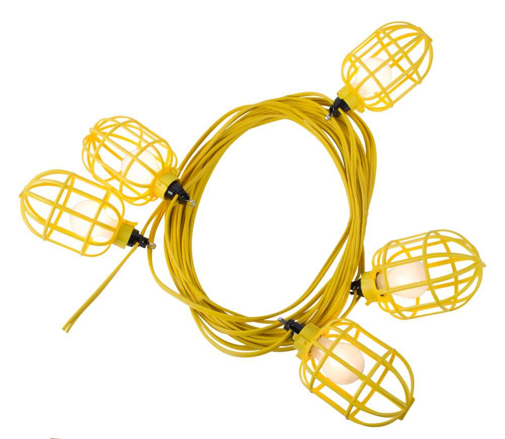 Bergen Industries 50 ft. 14/2 Flat Wire 5-Lamp Plastic Cage Temporary Light Stringer 10 ft. Centers Yellow – YFW50