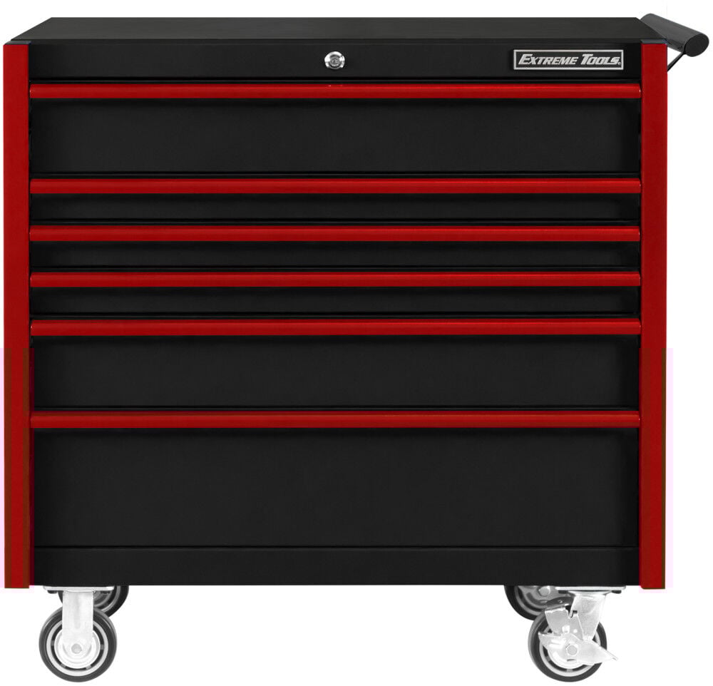 Extreme Tools DX Series 41 Inch W X 25 Inch D 6 Drawer Roller Cabinet 100 lbs Slides Black with Red Drawer Pulls – DX412506RCBKRD