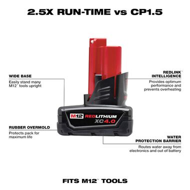 Milwaukee M12 REDLITHIUM XC 4.0Ah Extended Capacity Battery Pack, large image number 1