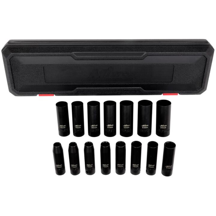 Milton 1/2 Drive Deep 6-Point Impact Socket Set 10-24mm Metric Steel Coated Black Oxide Finish 15pc