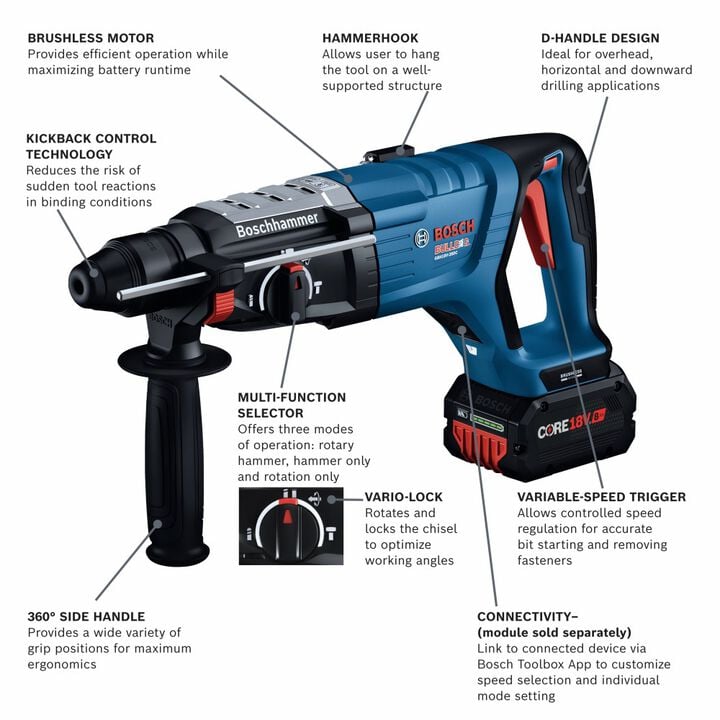 Bosch 18V SDS plus Bulldog 1 1/8 in Rotary Hammer Kit with 2 CORE18V 8Ah PROFACTOR Batteries Factory Reconditioned, large image number 1