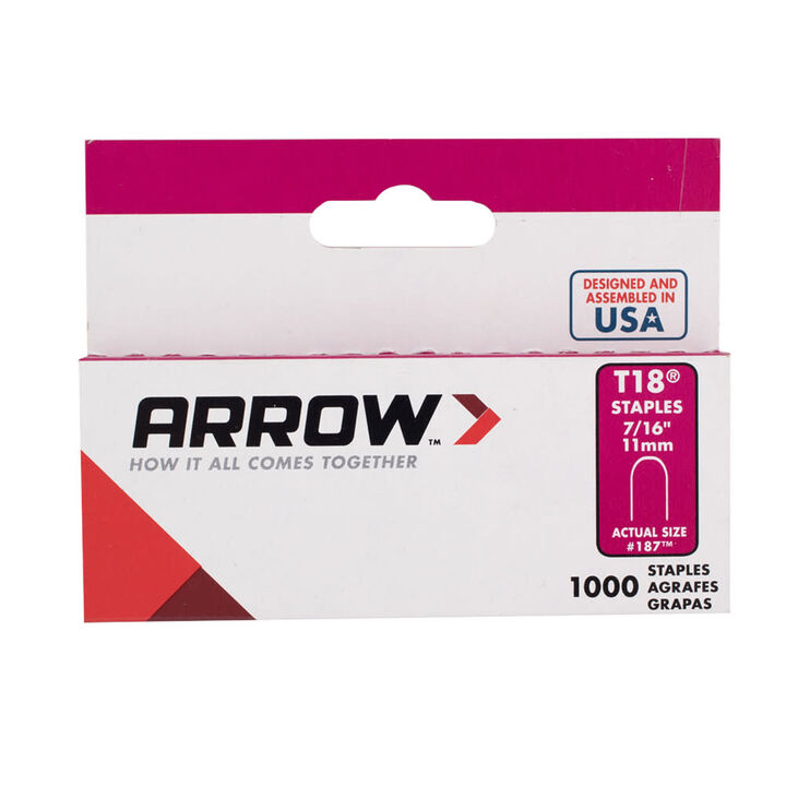 Arrow Fastener 7/16 Inch x 3/16 Inch  Round Crown Steel T18 Staple, 1000 Pack, large image number 1