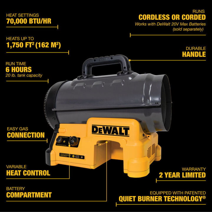 DEWALT 70000 BTU Cordless or Corded Forced Air Propane Heater, large image number 4