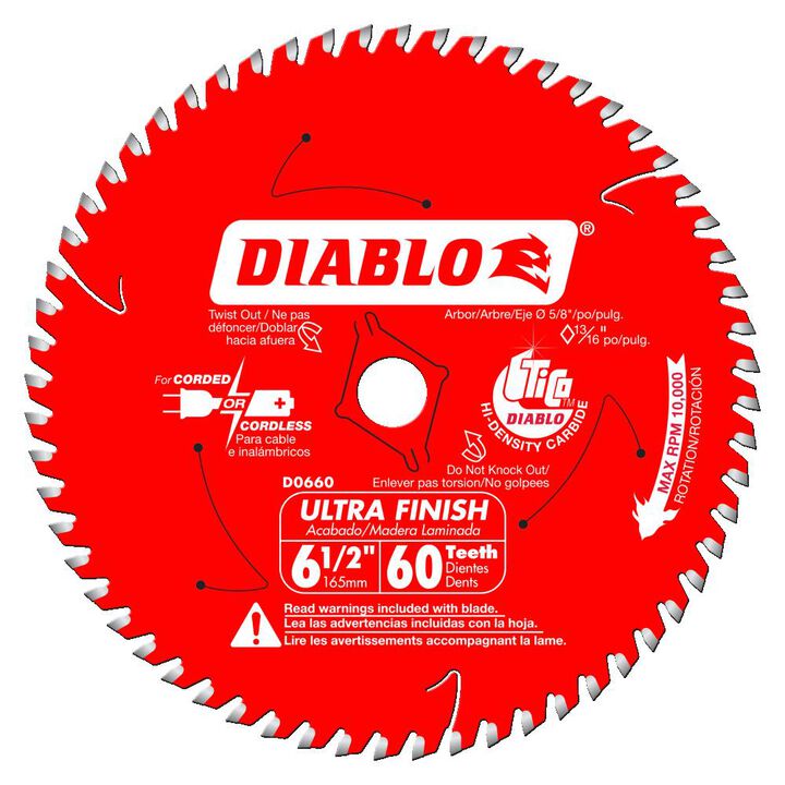 Diablo Tools 6-1/2 inch x 60 Tooth ATB Ultra Finish Circular Saw Blade with 5/8 inch Diamond Arbor, large image number 0