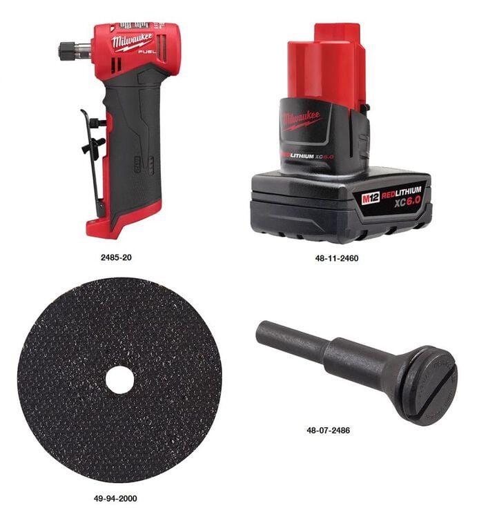 Milwaukee M12 Die Grinder, XC6.0 Battery, Cut Off Wheel, Wheel Arbor Bundle, large image number 1