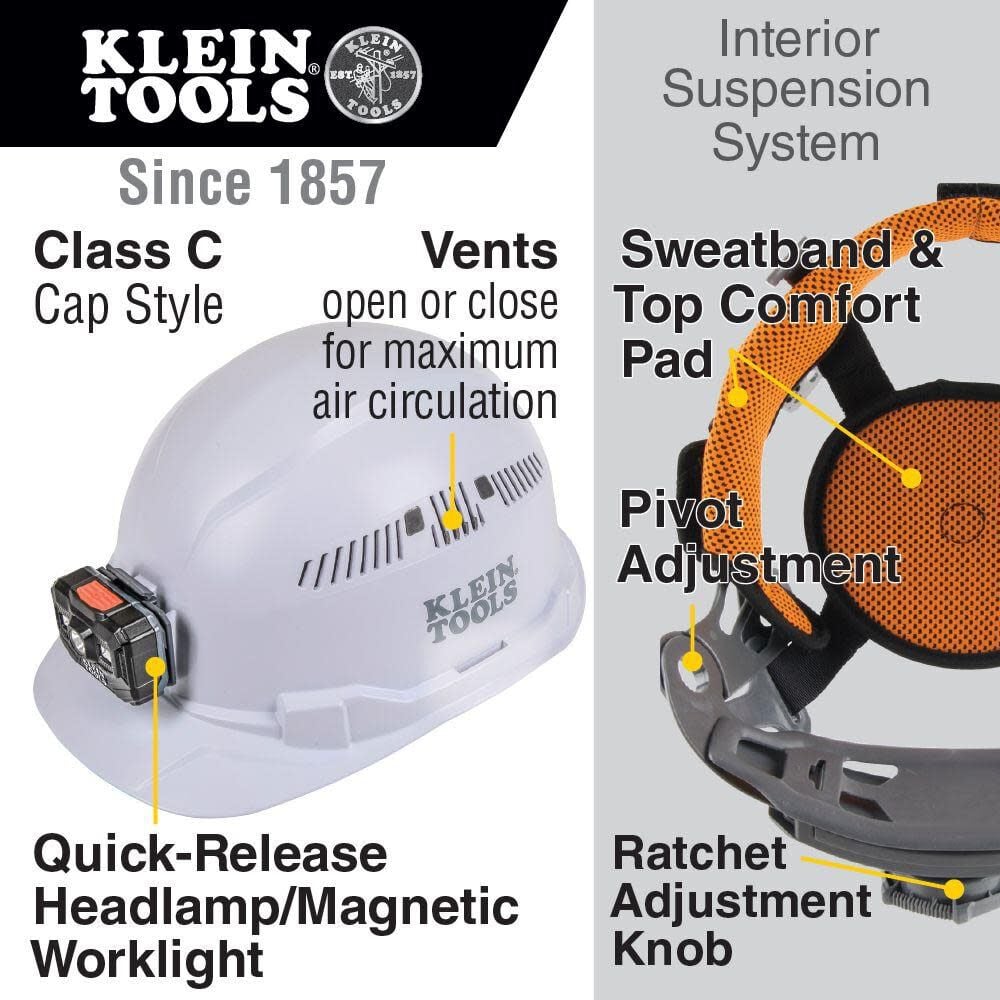 Klein Tools Hard Hat Vented Cap Style with Rechargeable Headlamp White, large image number 2