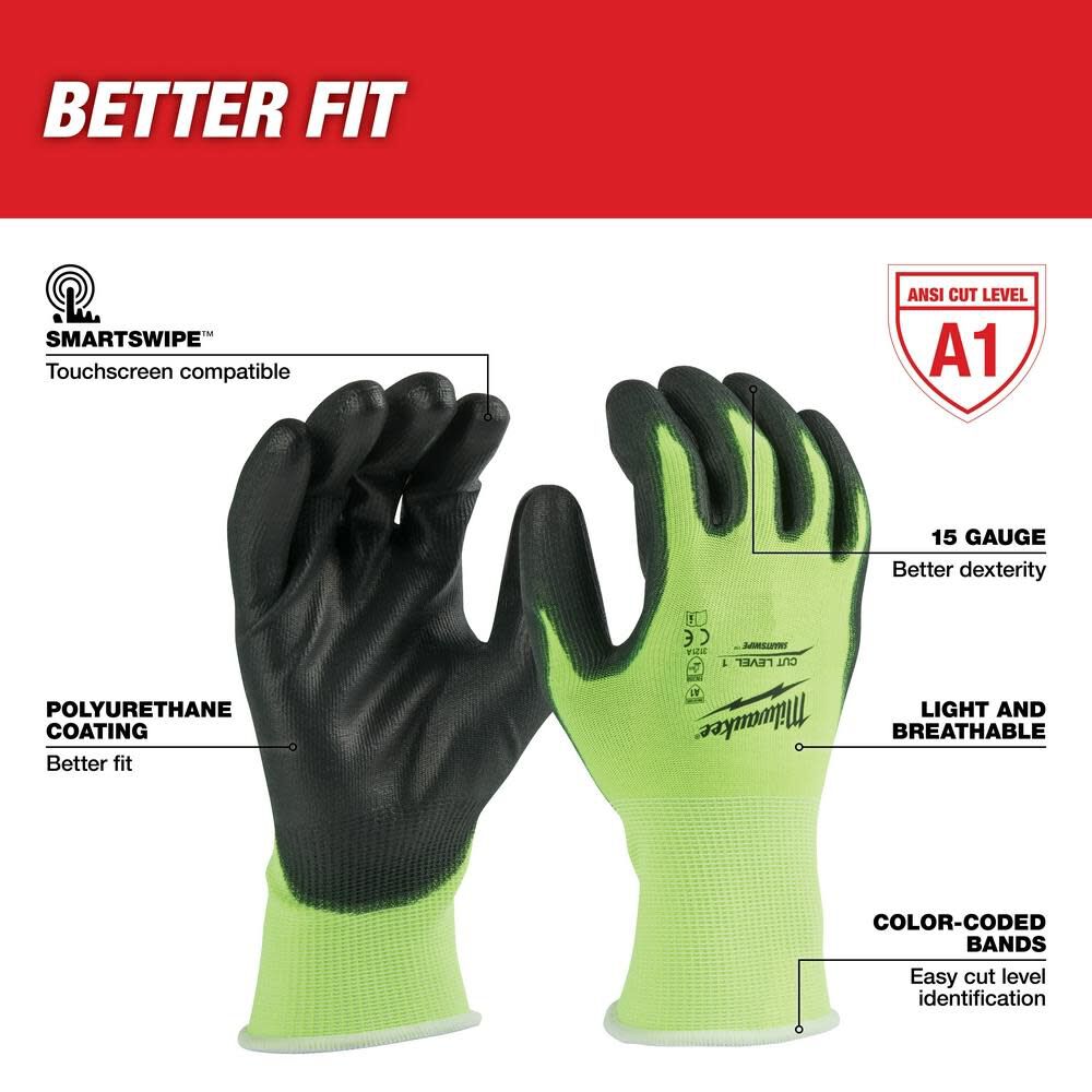 Milwaukee 12 Pair High Visibility Cut Level 1 Polyurethane Dipped Gloves Large