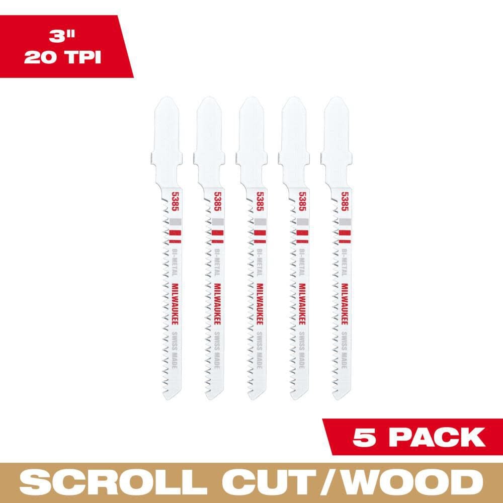 Milwaukee 3in 20TPI T-Shank Wood Bi-Metal Jigsaw Blades 5 Pack – 48-42-5385