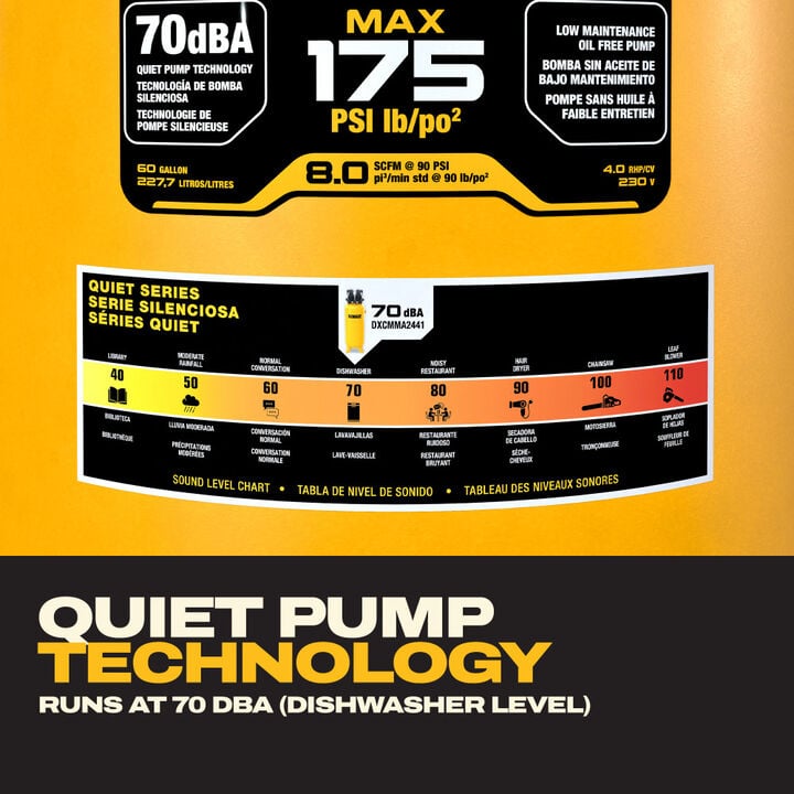 DEWALT 60-Gallon Quiet 4 HP 175 PSI Oil-Free Direct Drive Stationary Air Compressor, large image number 10