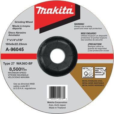 Makita 7in x 1/4in x 7/8in INOX Grinding Wheel 36 Grit, large image number 0