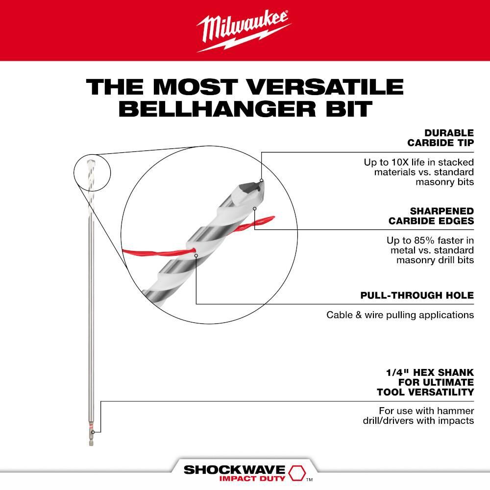 Milwaukee 3/8 Inch x 16 Inches x 18 Inches SHOCKWAVE Carbide Bellhanger Multi-Material Bit, large image number 4
