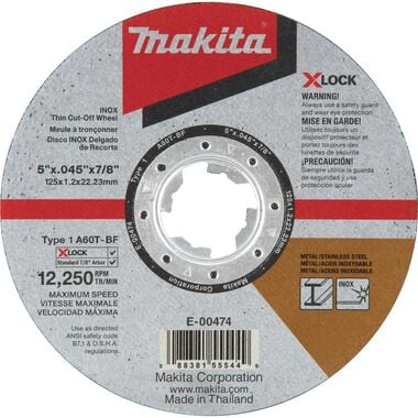 Makita X-LOCK 5in x .045in x 7/8in Type 1 General Purpose 60 Grit Thin CutOff Wheel for Metal and Stainless Steel Cutting