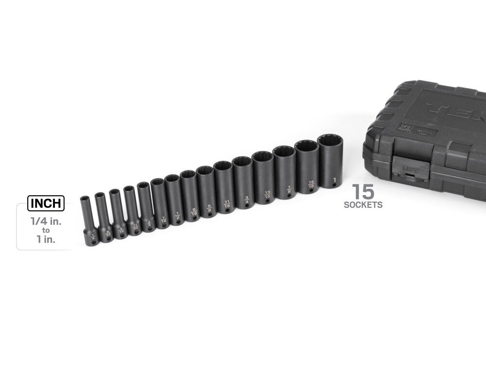 Tekton 3/8 Inch Deep 12 Point Impact Socket Set, Case, 15 Piece (1/4-1 Inch), large image number 2