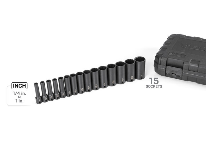 Tekton 3/8 Inch Deep 12 Point Impact Socket Set, Case, 15 Piece (1/4-1 Inch), large image number 1