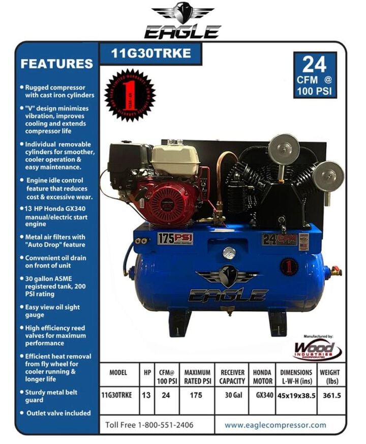 Eagle Compressor 30 Gallon Stationary Gas Compressor, large image number 1