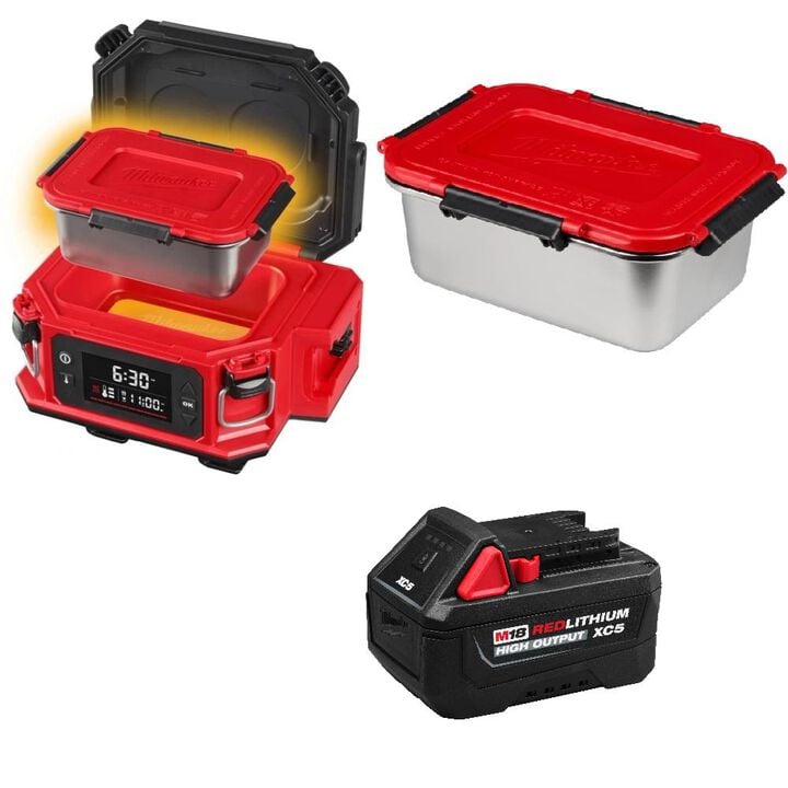 Milwaukee M18 Jobsite Lunch Warmer (Bare Tool) with PACKOUT Compatibility, REDLITHIUM HIGH OUTPUT XC5 Battery and Stainless Steel Container Bundle