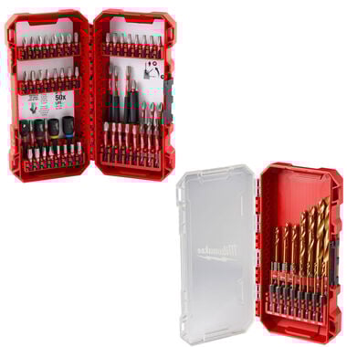 Milwaukee SHOCKWAVE 54PC Impact Duty Driver Bit Set and RED HELIX 15PC Titanium Drill Bit Set Bundle