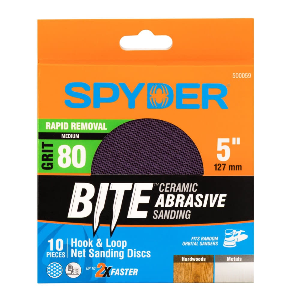 Spyder 80 Grit Ceramic Sanding Discs, Ceramic Net, 5 Inch Hook & Loop 10 Pieces - 500059