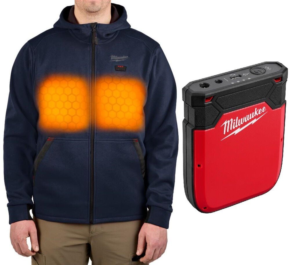 Milwaukee M12 Heated Hoodie, Blue, 2X & Heated Gear Power Source with App Control Bundle Size 2XL – MIL000011586
